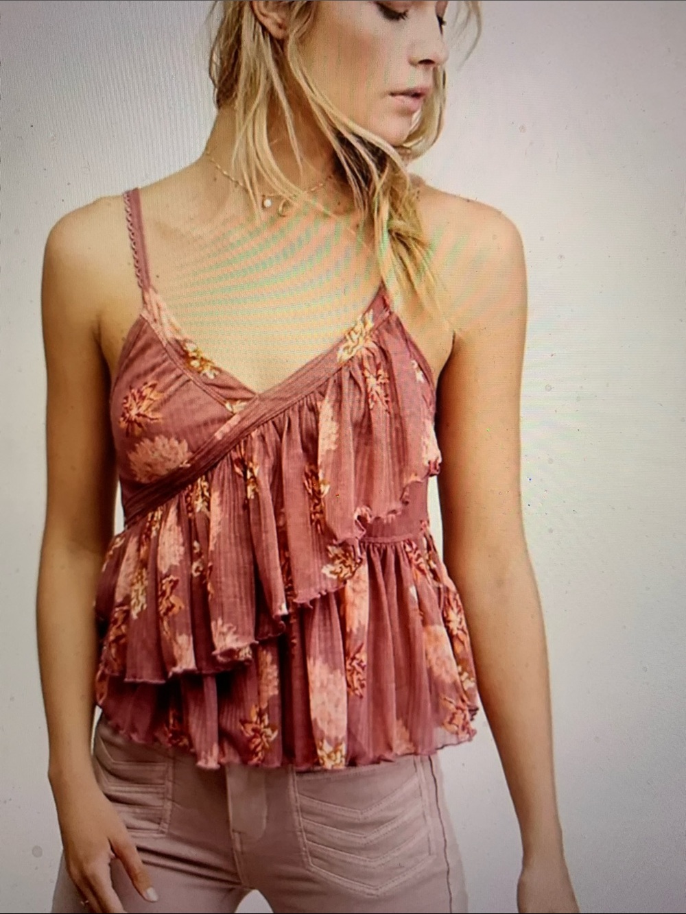 Free People Melbourne Printed Ruffle Tank Top Pink Women's Size M Boho Sleeveles